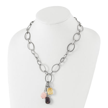 Stainless Steel Citrine Amethyst & Rose Quartz W/ 2 In Ext Link Necklace