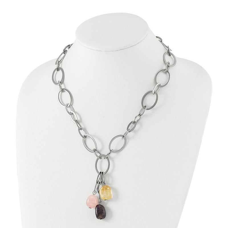 Stainless Steel Citrine Amethyst & Rose Quartz W/ 2 In Ext Link Necklace