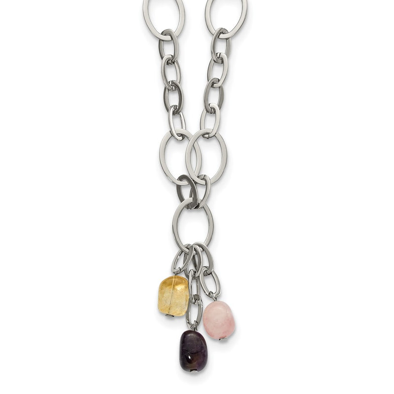 Stainless Steel Citrine Amethyst & Rose Quartz W/ 2 In Ext Link Necklace