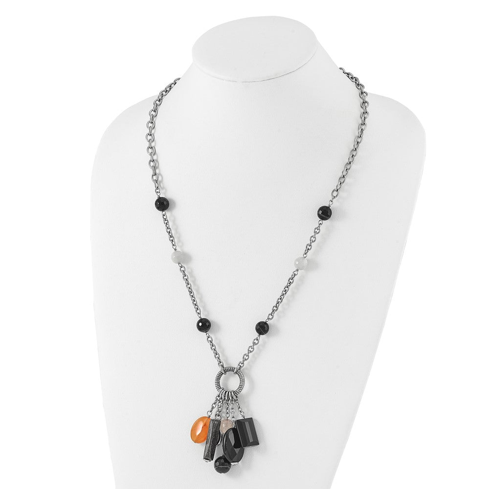 Stainless Steel Black Agate Moonstone & Crystal W/ 2In Ext Necklace