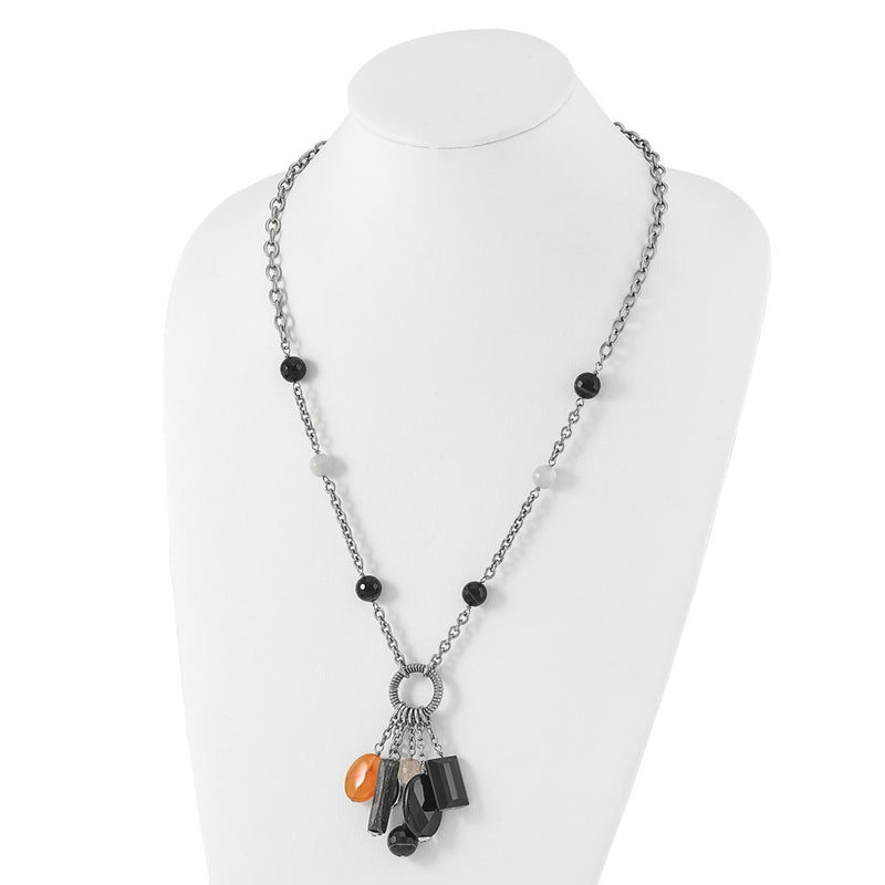 Stainless Steel Black Agate Moonstone & Crystal W/ 2In Ext Necklace