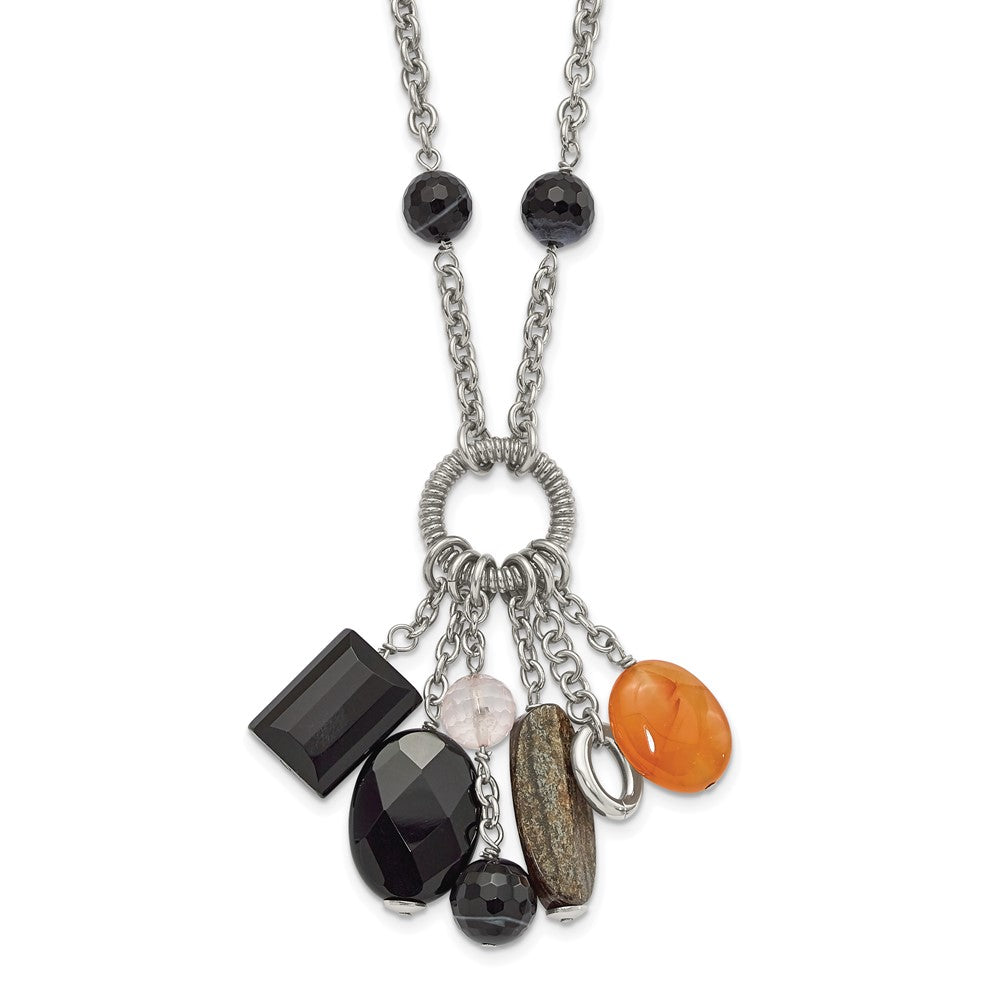 Stainless Steel Black Agate Moonstone & Crystal W/ 2In Ext Necklace