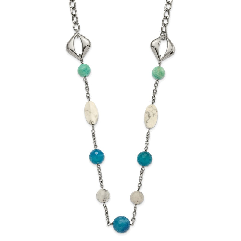 Stainless Steel Blue Jade, Green Agate & Howlite W/1.5In Ext Necklace