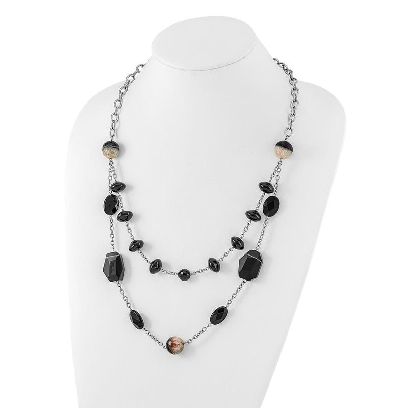 Stainless Steel Black & Crystalized Agate W/ 1.5In Ext Necklace