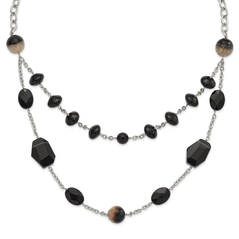Stainless Steel Black & Crystalized Agate W/ 1.5In Ext Necklace