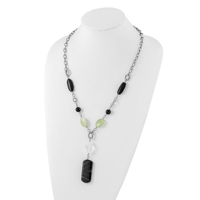 Stainless Steel Prehnite, Crystal & Black Agate W/1.5In Ext Drop Necklace