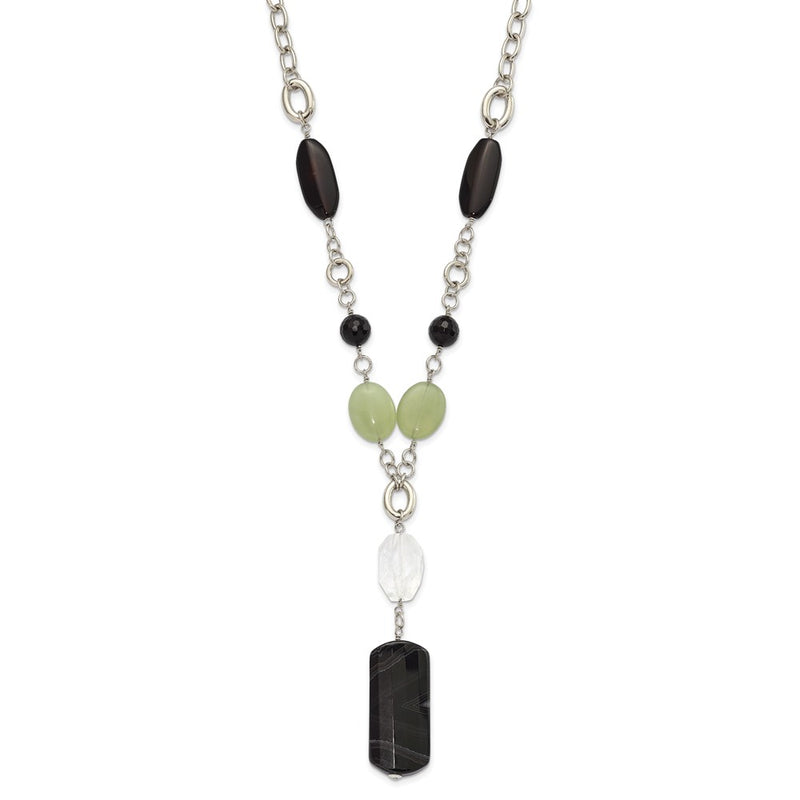 Stainless Steel Prehnite, Crystal & Black Agate W/1.5In Ext Drop Necklace