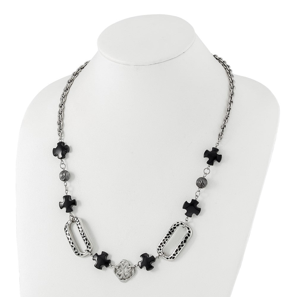 Stainless Steel Polished/Antiqued Black Agate & Resin W/ 2In Ext. Necklace