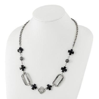 Stainless Steel Polished/Antiqued Black Agate & Resin W/ 2In Ext. Necklace