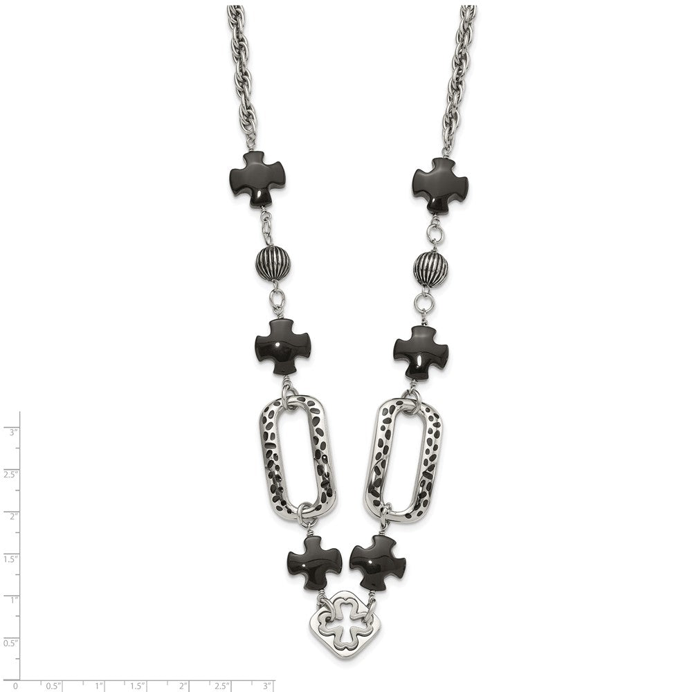 Stainless Steel Polished/Antiqued Black Agate & Resin W/ 2In Ext. Necklace