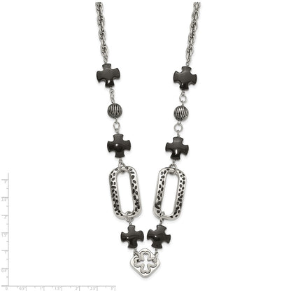 Stainless Steel Polished/Antiqued Black Agate & Resin W/ 2In Ext. Necklace