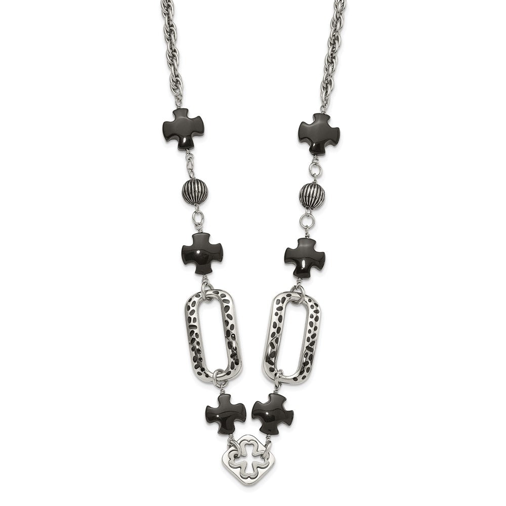 Stainless Steel Polished/Antiqued Black Agate & Resin W/ 2In Ext. Necklace
