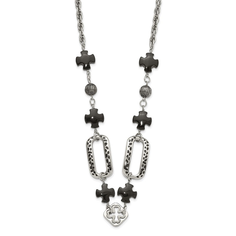 Stainless Steel Polished/Antiqued Black Agate & Resin W/ 2In Ext. Necklace
