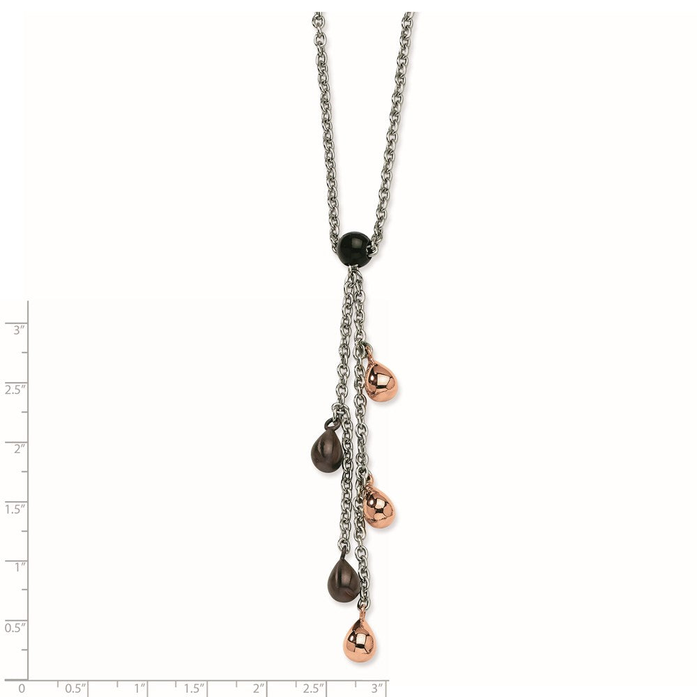 Stainless Steel Rose & Brown Ip Plated Teardrops 20In Y Necklace
