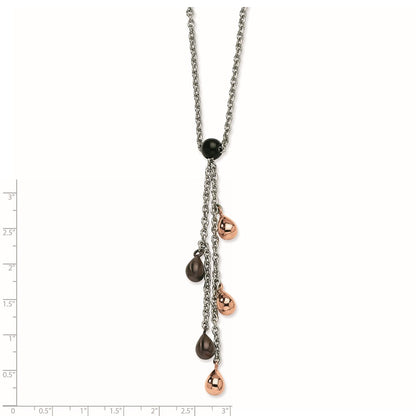 Stainless Steel Rose & Brown Ip Plated Teardrops 20In Y Necklace