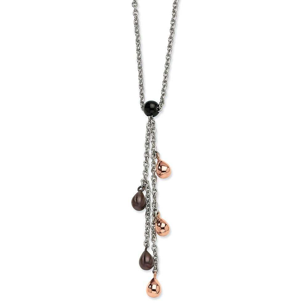 Stainless Steel Rose & Brown Ip Plated Teardrops 20In Y Necklace
