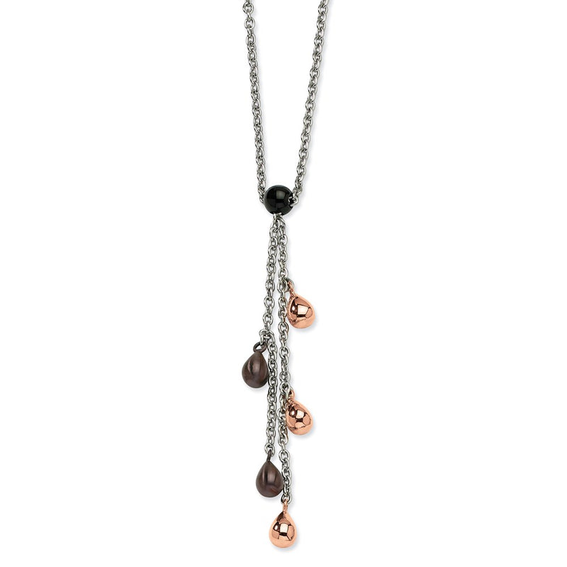 Stainless Steel Rose & Brown Ip Plated Teardrops 20In Y Necklace