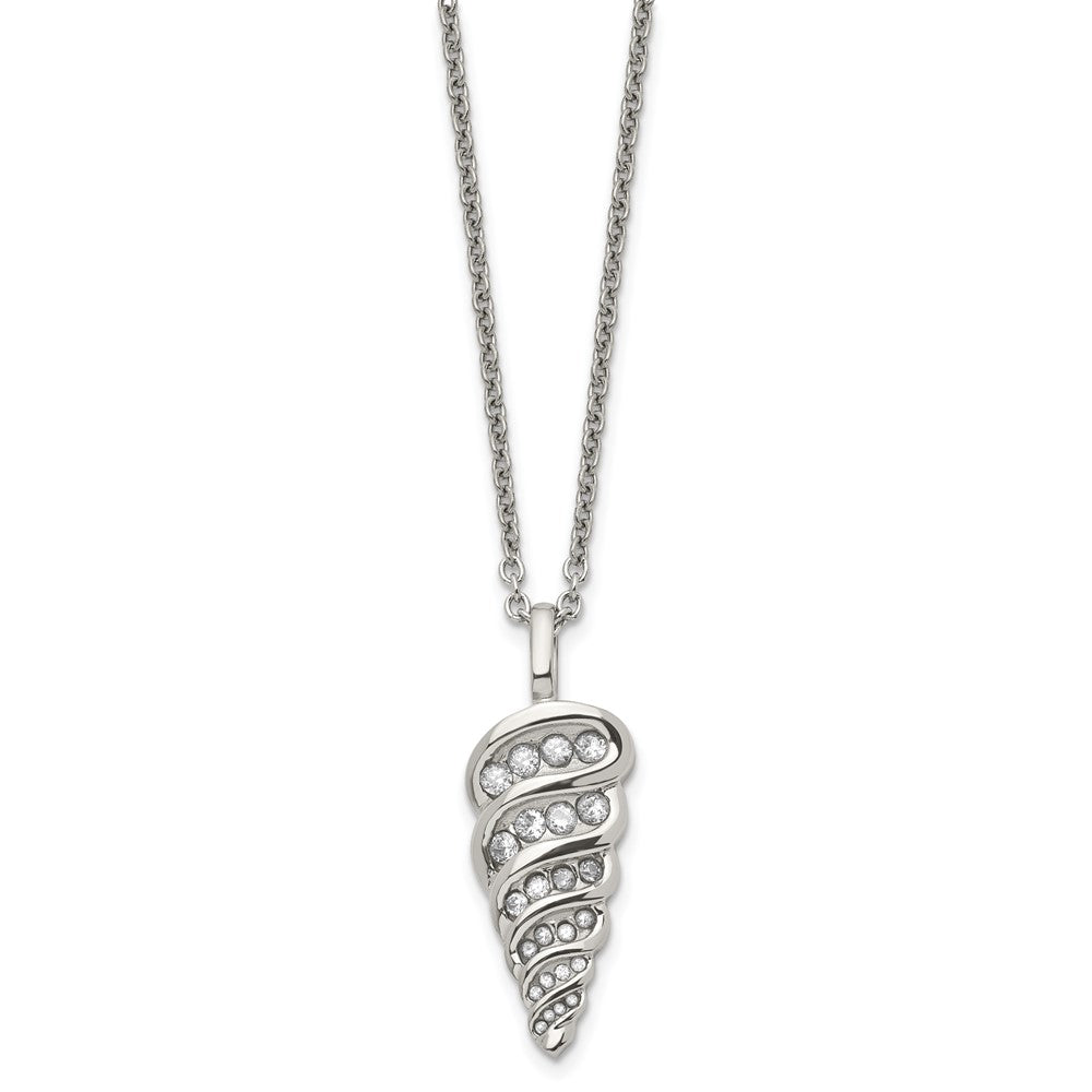 Stainless Steel Polished W/Cz Fancy Shell 22In Necklace