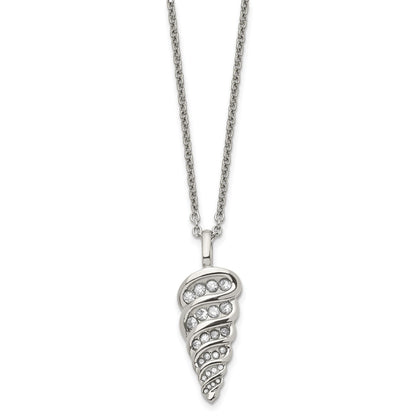 Stainless Steel Polished W/Cz Fancy Shell 22In Necklace