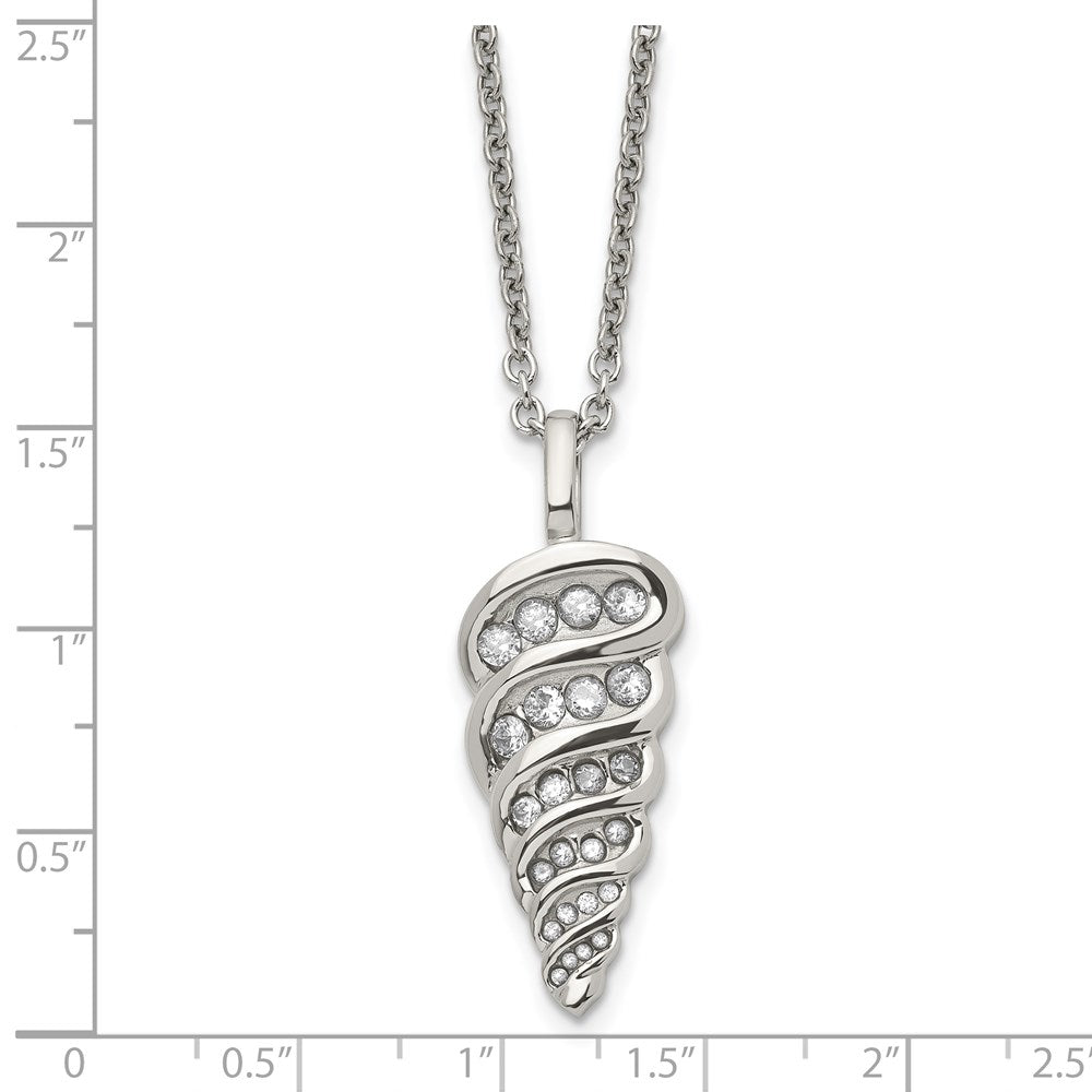 Stainless Steel Polished W/Cz Fancy Shell 22In Necklace
