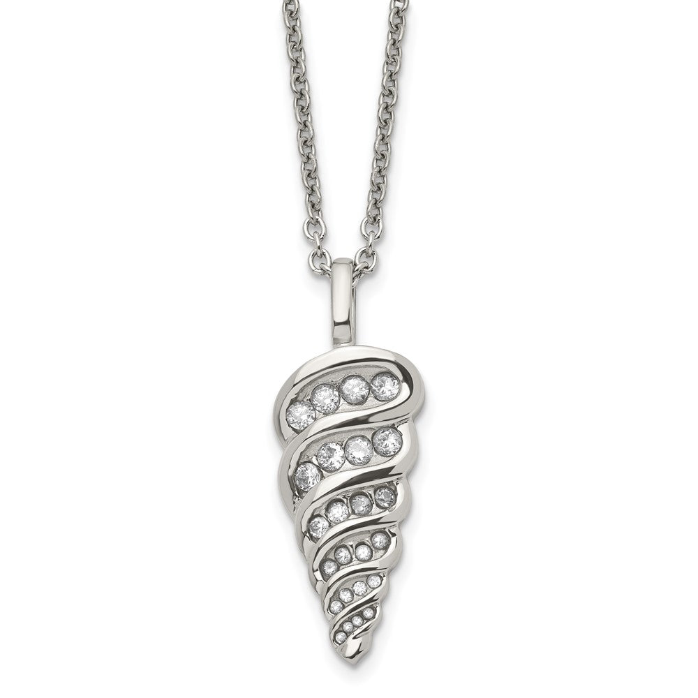 Stainless Steel Polished W/Cz Fancy Shell 22In Necklace