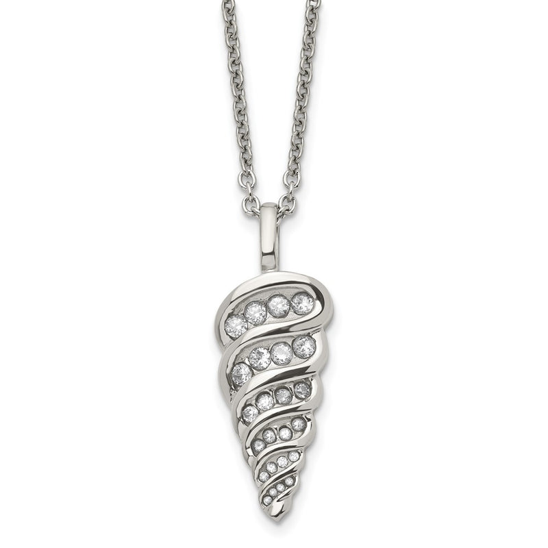 Stainless Steel Polished W/Cz Fancy Shell 22In Necklace