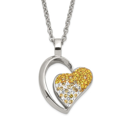 Stainless Steel Polished Yellow & White Crystal Heart Necklace