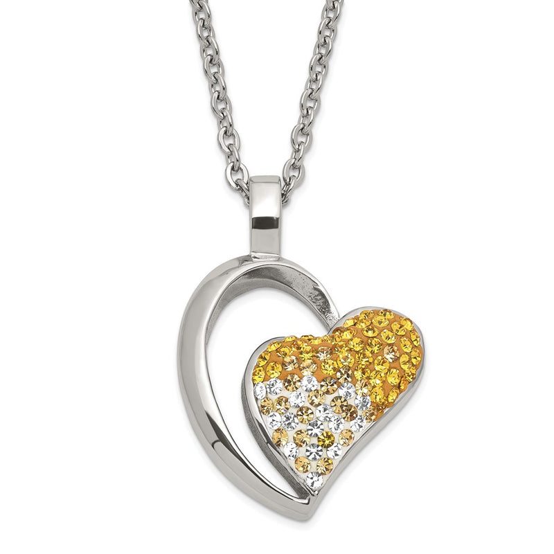 Stainless Steel Polished Yellow & White Crystal Heart Necklace