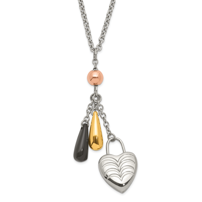 Stainless Steel Heart W/ Multicolor Ip-Plated Accents Necklace