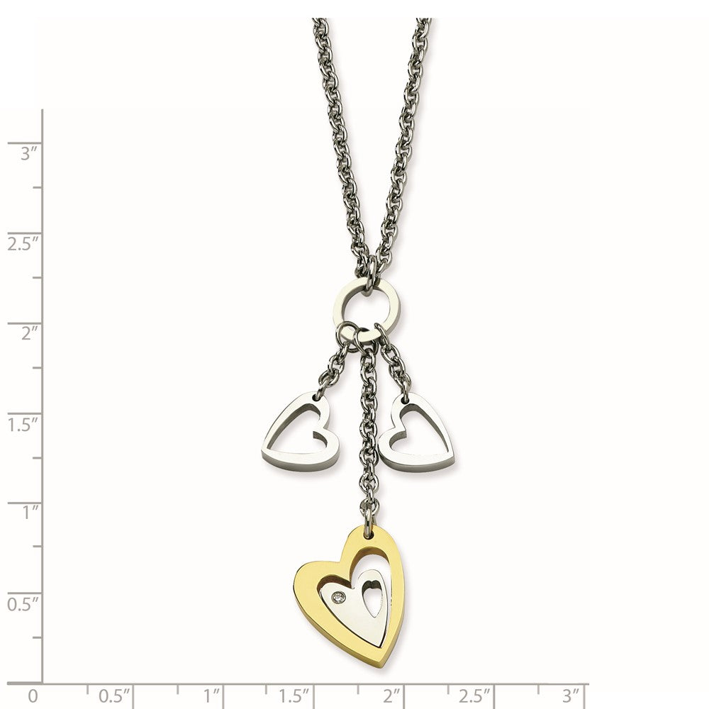 Stainless Steel Yellow Ip-Plated Heart With Hearts Cz Necklace