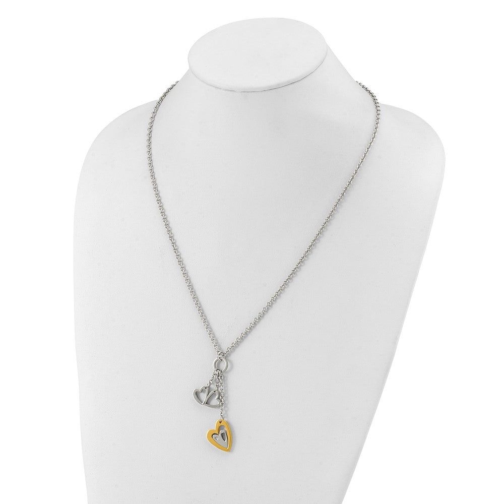 Stainless Steel Yellow Ip-Plated Heart With Hearts Cz Necklace
