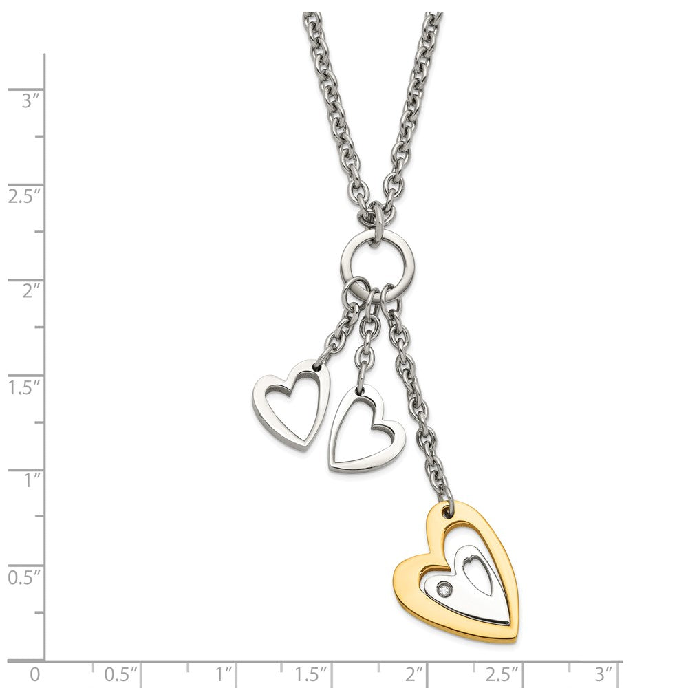 Stainless Steel Yellow Ip-Plated Heart With Hearts Cz Necklace