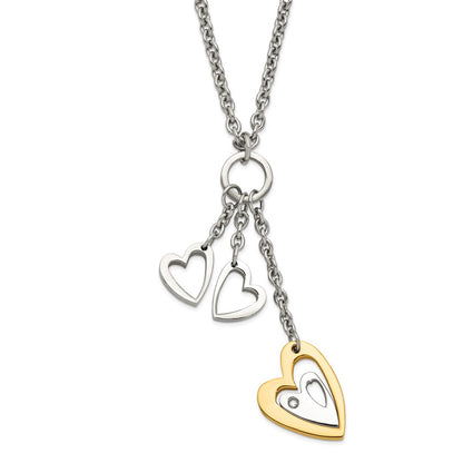 Stainless Steel Yellow Ip-Plated Heart With Hearts Cz Necklace