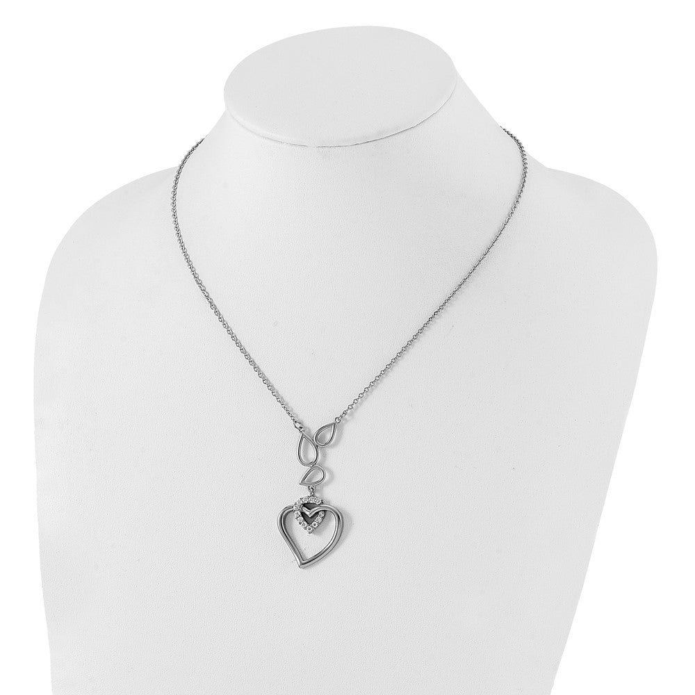 Stainless Steel Cz Teardrops & Heart W/ 1In Ext Necklace