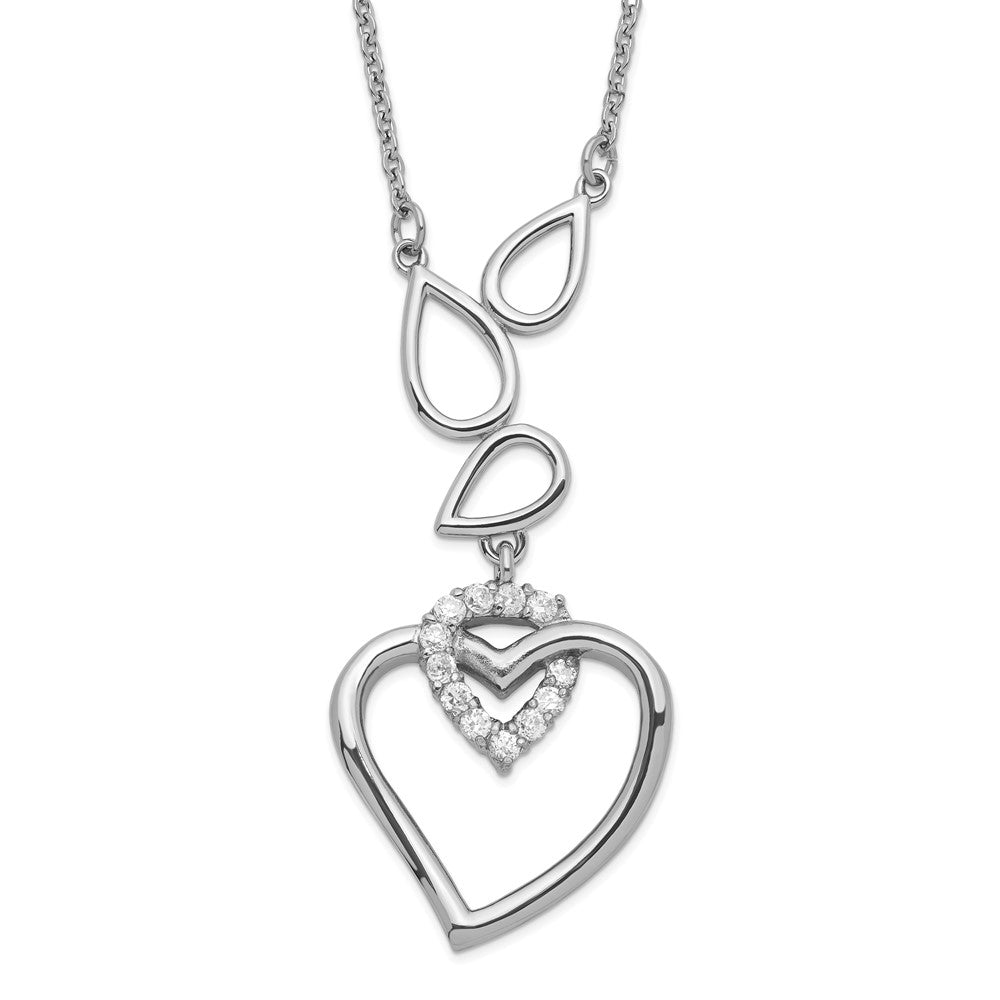 Stainless Steel Cz Teardrops & Heart W/ 1In Ext Necklace