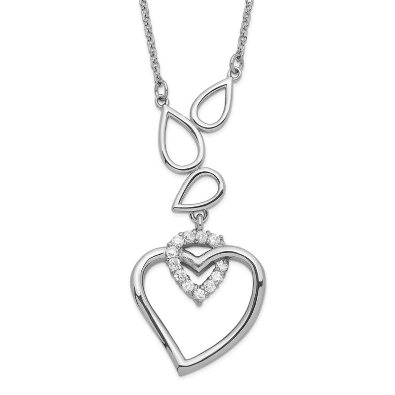 Stainless Steel Cz Teardrops & Heart W/ 1In Ext Necklace