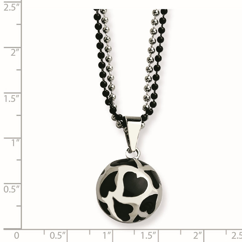 Stainless Steel Black Enamel Hearts 24In Necklace