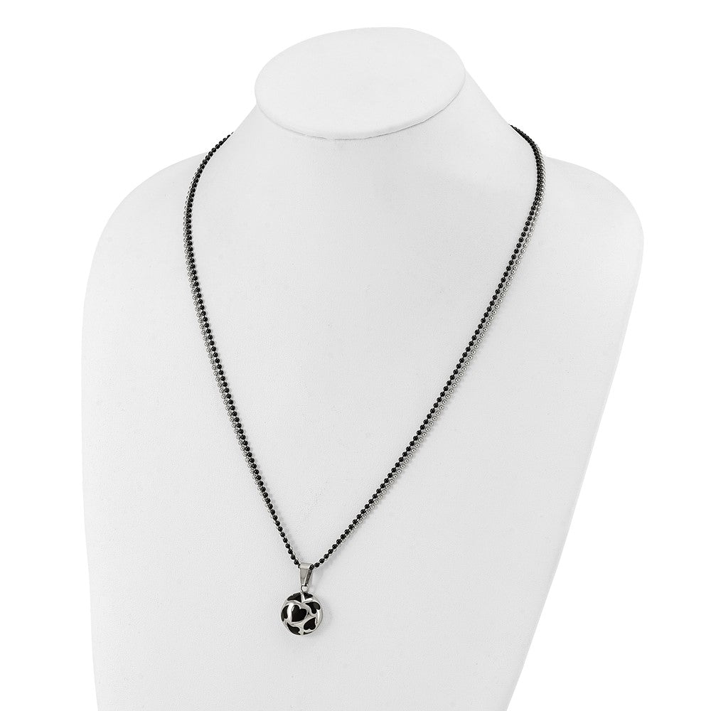 Stainless Steel Black Enamel Hearts 24In Necklace