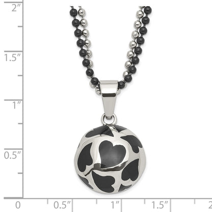 Stainless Steel Black Enamel Hearts 24In Necklace