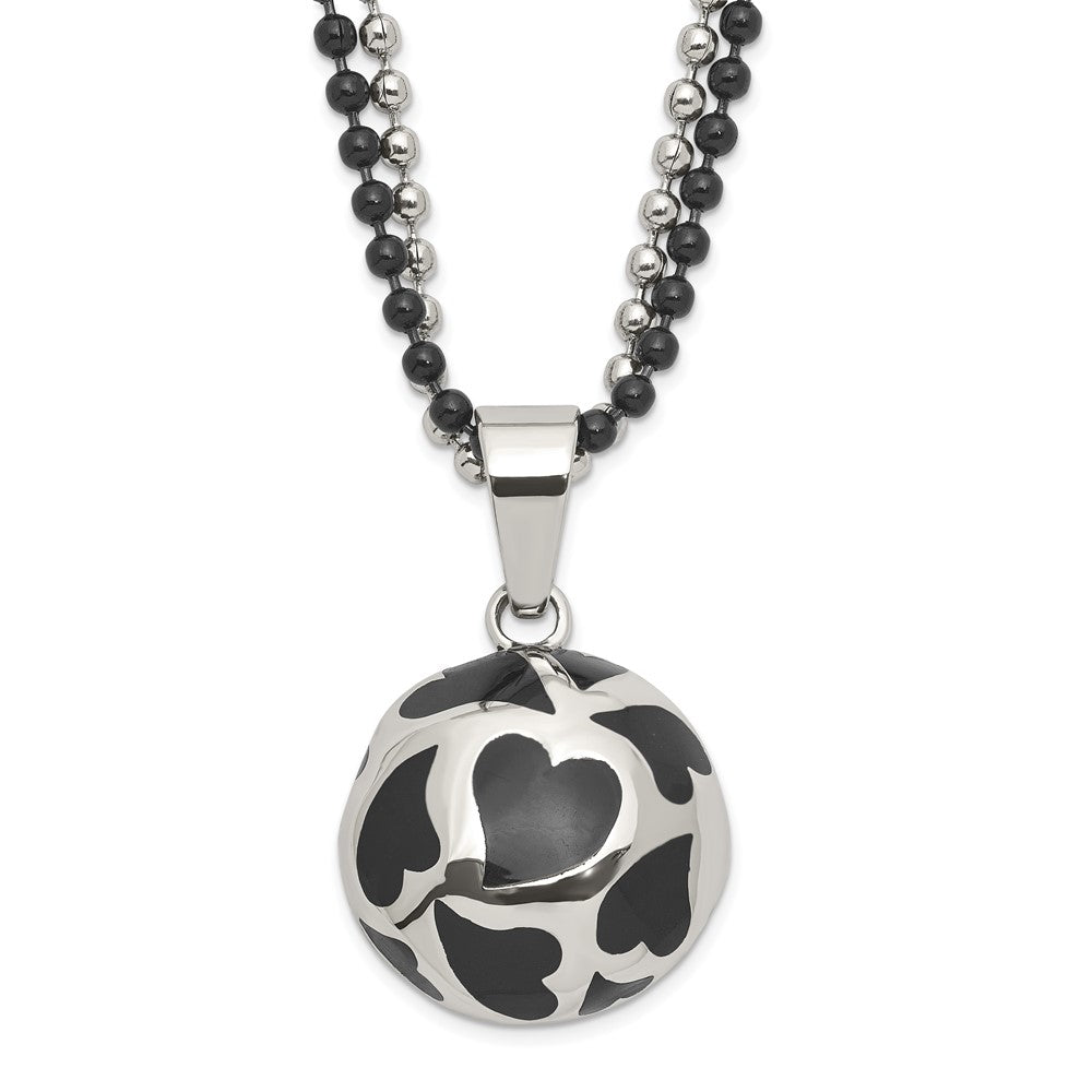 Stainless Steel Black Enamel Hearts 24In Necklace