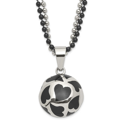 Stainless Steel Black Enamel Hearts 24In Necklace