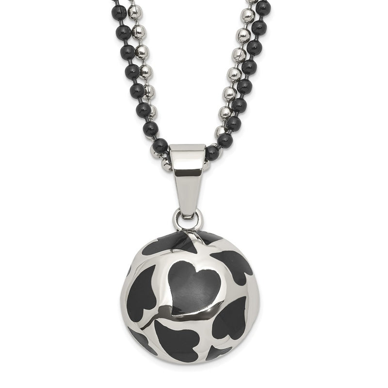 Stainless Steel Black Enamel Hearts 24In Necklace