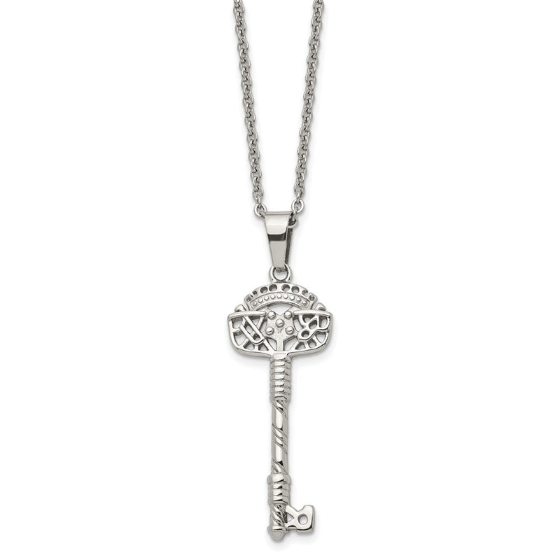 Stainless Steel Chisel Polished And Textured Key Pendant On A 22 Inch Cable Chain Necklace