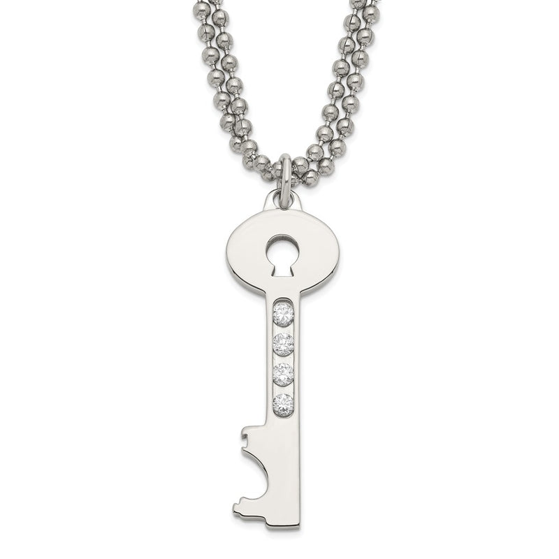 24 Inch Stainless Steel Polished Key W/ Cz Double Chain Necklace
