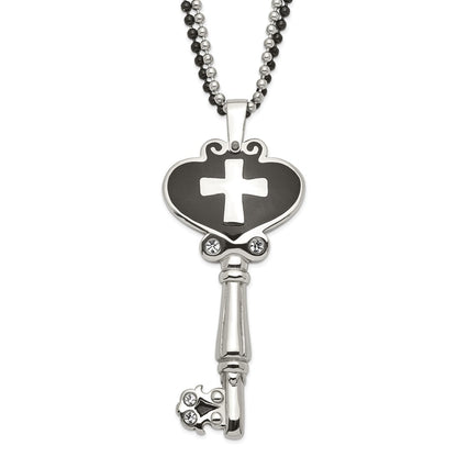 Stainless Steel Black Enamel Polished Cz Heart Cross Key Necklace