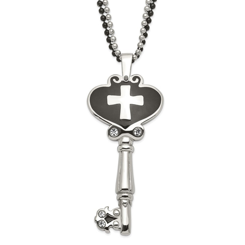 Stainless Steel Black Enamel Polished Cz Heart Cross Key Necklace
