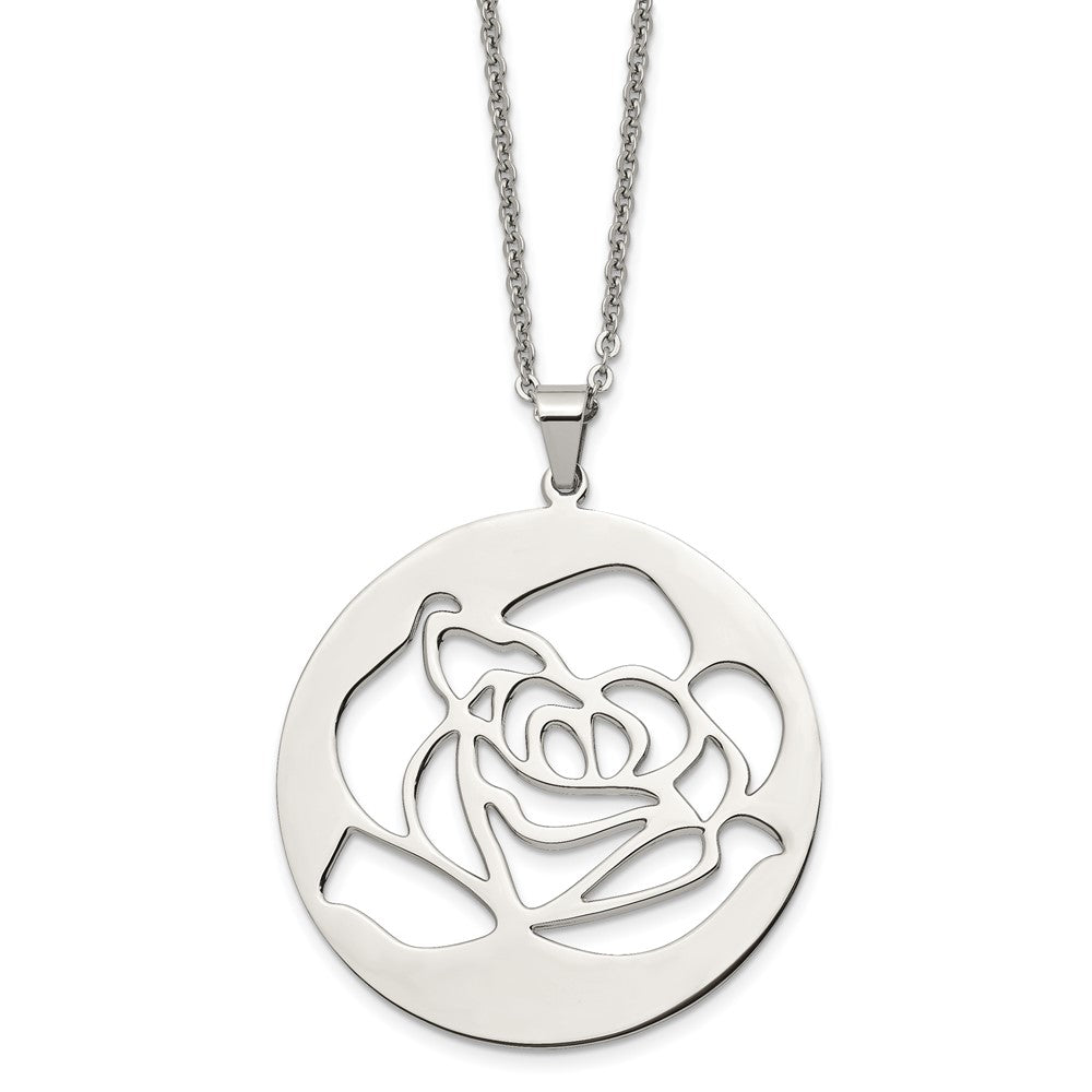 Stainless Steel Polished Rose Cut-Out 22In Necklace