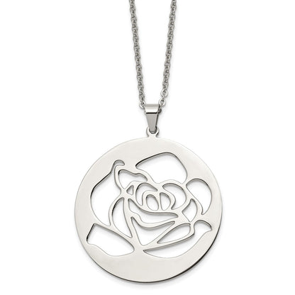 Stainless Steel Polished Rose Cut-Out 22In Necklace