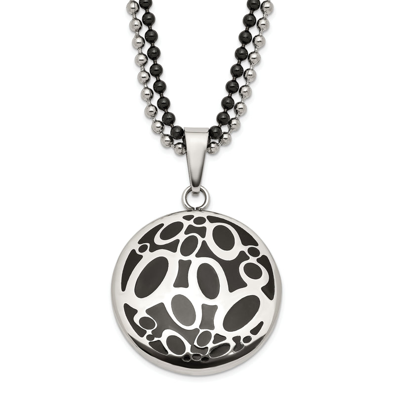 Stainless Steel Black Rubber Fancy Circles 22In Necklace