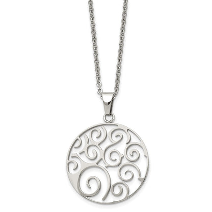Stainless Steel Chisel Polished Fancy Swirl Pendant On A 22 Inch Cable Chain Necklace